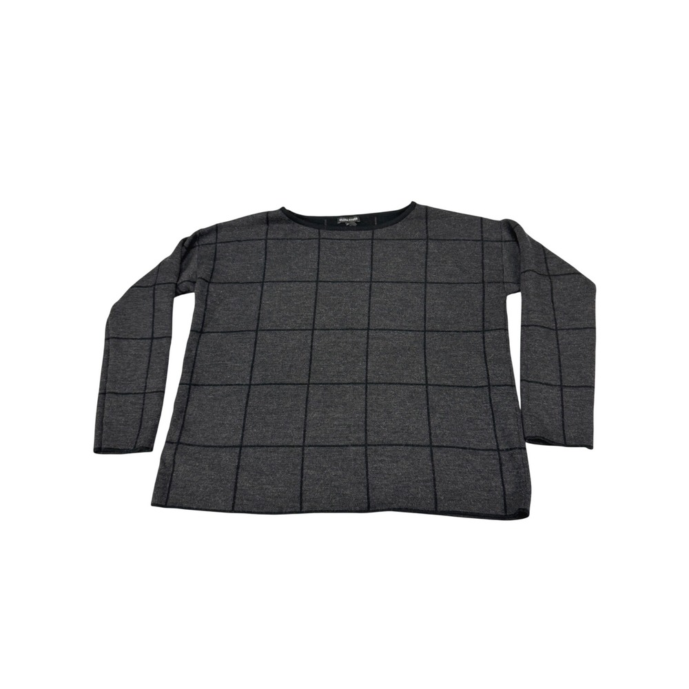 Eileen Fisher Merino Wool Windowpane Check Sweater Charcoal Grey M R17FWO
